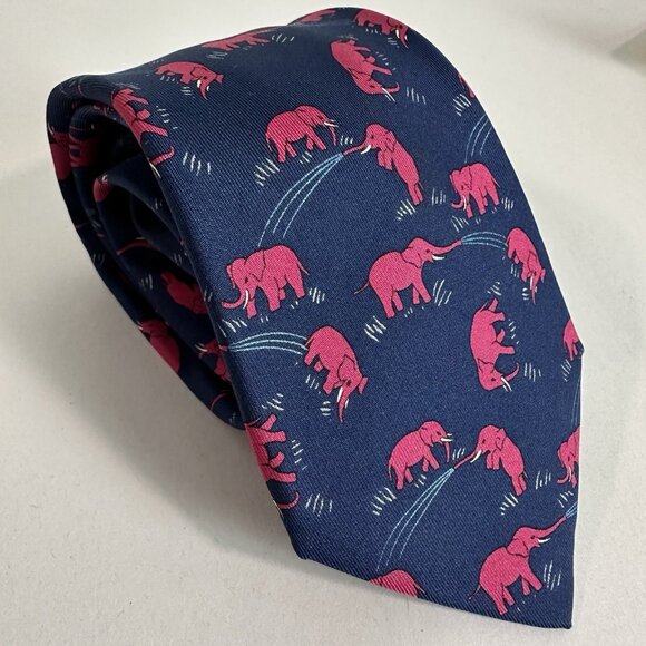 HERMES MEN CLASSIC 100% SILK TIE [7111	OA] NAVY ANIMAL PRINT elephant	3.5 x 59" - Picture 1 of 8